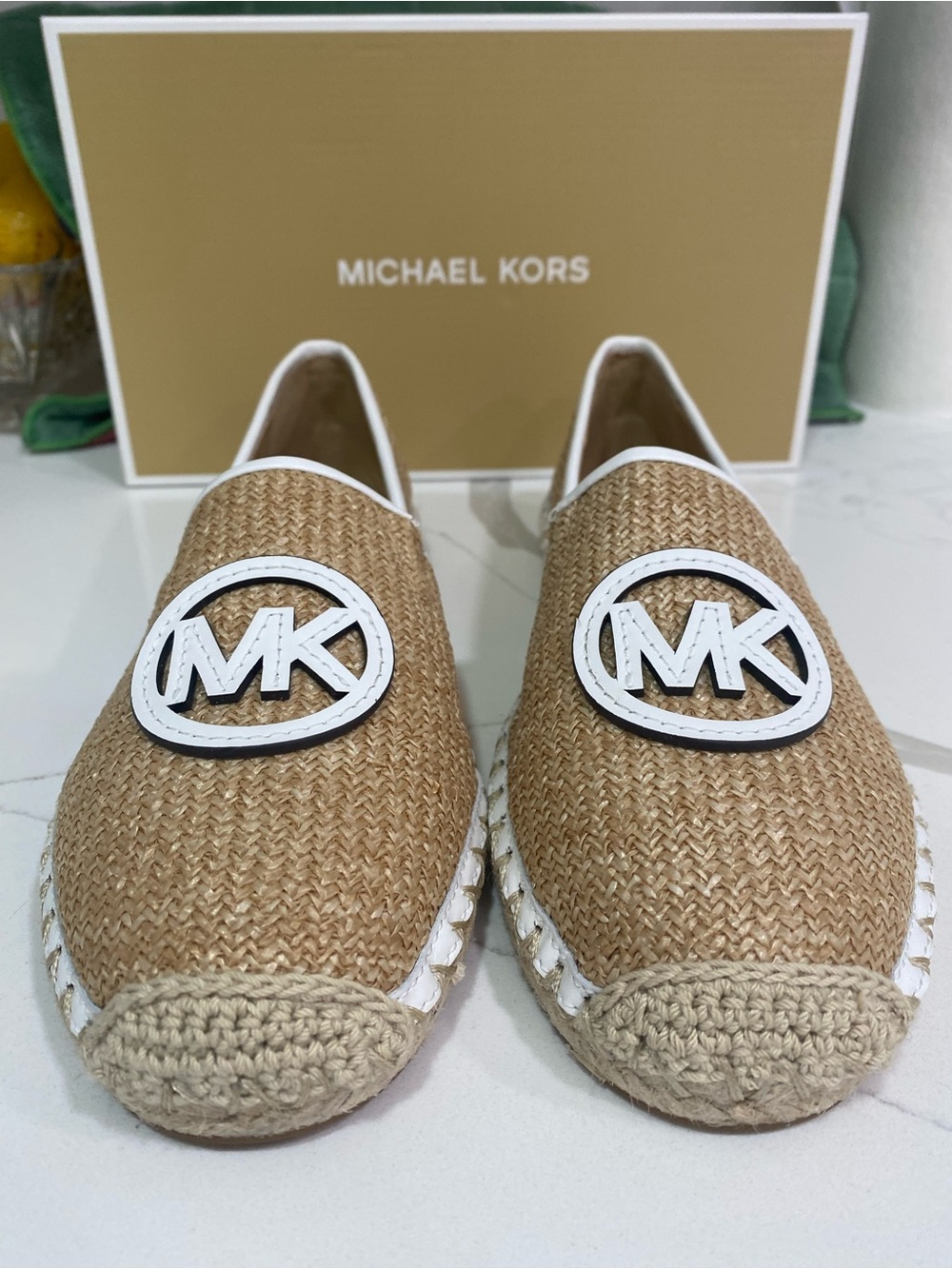 Michael Kors Tan Raffia Slip-On Loafers with White MK Emblem